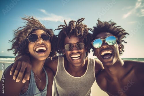 Group of friends laughing together in the sunlight background.