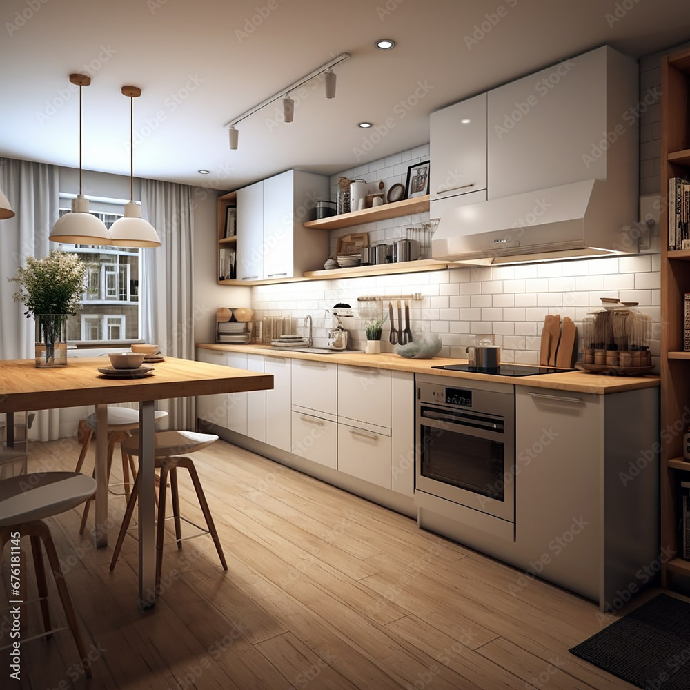 generative AI 3d portrait Kitchen with small space and modern design