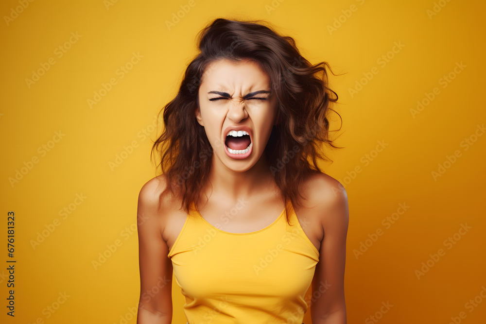 Angry young adult Caucasian woman yelling on yellow background. Neural network generated image. Not based on any actual person or scene. Angry young adult Caucasian woman yelling on yellow background. Neural network generated image. Not based on any actual person or scene.