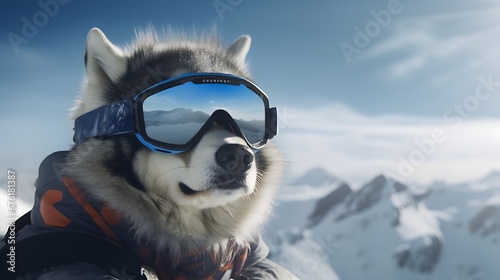 Husky Dog With Snowboarding Googles On.  Generated with AI.