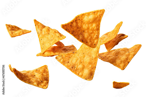 Flying mexican nachos chips, isolated on white background © twilight mist