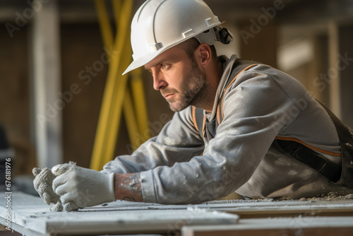 The portrait of a young male construction worker in a safety outfit and helmet is doing his job at the construction work site. Generative AI.