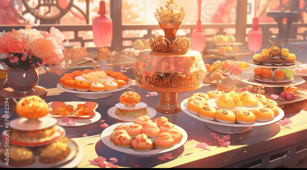 Various traditional pastries placed on the table during the festival.