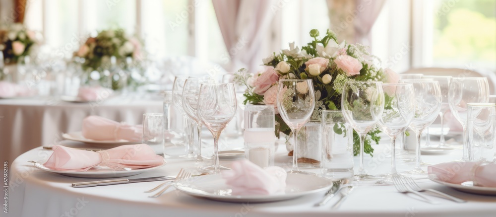 The elegant restaurant set the table for the wedding party adorning it with white floral centerpieces luxury glassware and pink plates creating a stunning interior for the celebration