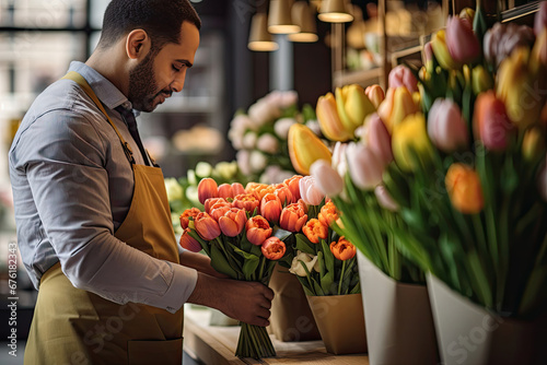 Salesman holding bouquet of tulips in the flowers retail shop #676182343