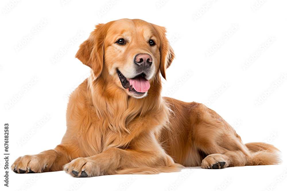 Olden Retriever lying, panting, 11 years old, isolated on white