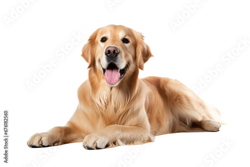 Olden Retriever lying  panting  11 years old  isolated on white
