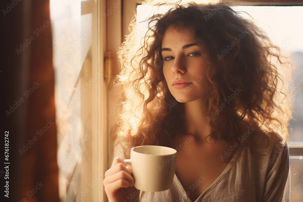 The portrait of the beautiful curly hairstyle holding a cup of hot coffee while sitting and looking at the view out of the window in the morning. Generative AI. The portrait of the beautiful curly hairstyle holding a cup of hot coffee while sitting and looking at the view out of the window in the morning. Generative AI.