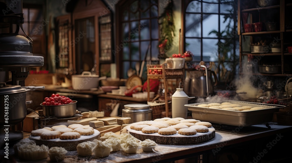 a bustling, cozy kitchen filled with baked goods and cooking utensils, radiating a warm, homely atmosphere with a holiday vibe.