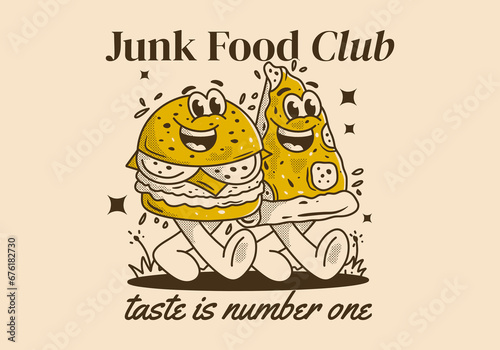 Junk Food club, taste is number one. Character illustration of walking burger and pizza