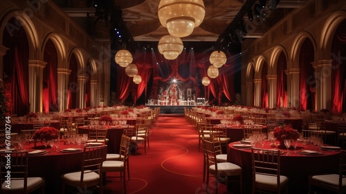 an opulent ballroom decorated for a festive event, with red drapery and tables set for a grand banquet under elegant chandeliers, celebration photo