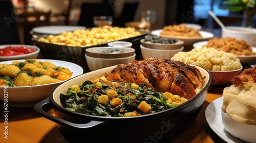 An array of delectable dishes arranged on a table, potluck holiday dishes, ready for a festive gathering.