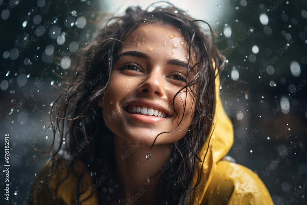 AThe portrait of a happy girl in a bright yellow, orange, pink, black raincoat smiles and laughs in a rainy city view. Generative AI. AThe portrait of a happy girl in a bright yellow, orange, pink, black raincoat smiles and laughs in a rainy city view. Generative AI.