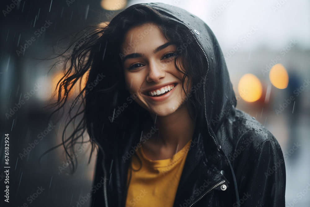 AThe portrait of a happy girl in a bright yellow, orange, pink, black raincoat smiles and laughs in a rainy city view. Generative AI. AThe portrait of a happy girl in a bright yellow, orange, pink, black raincoat smiles and laughs in a rainy city view. Generative AI.