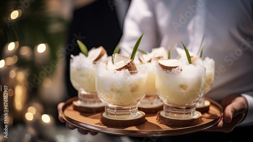 a server holding a tray of creamy white cocktails topped with shaved coconut and garnished with green leaves, in elegant glassware, with a soft bokeh light backdrop, adding a touch of sophistication. photo