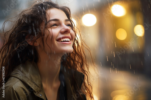 AThe portrait of a happy girl in a bright yellow, orange, pink, black raincoat smiles and laughs in a rainy city view. Generative AI.