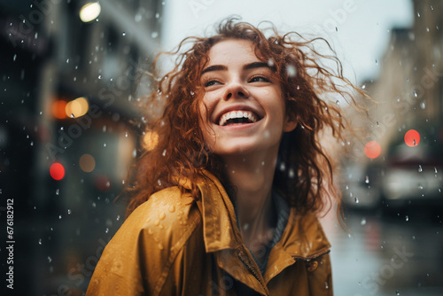AThe portrait of a happy girl in a bright yellow, orange, pink, black raincoat smiles and laughs in a rainy city view. Generative AI. © Surachetsh
