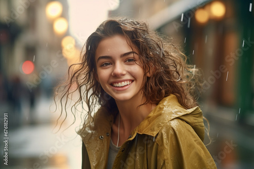 AThe portrait of a happy girl in a bright yellow, orange, pink, black raincoat smiles and laughs in a rainy city view. Generative AI.