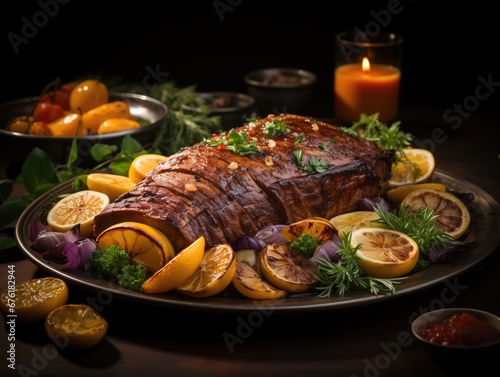 exquisite glazed roast adorned with herb sprigs and pine nuts, accompanied by citrus slices and red onion, presented on a decorative platter, vegetables and condiments, ready for a gourmet feast.