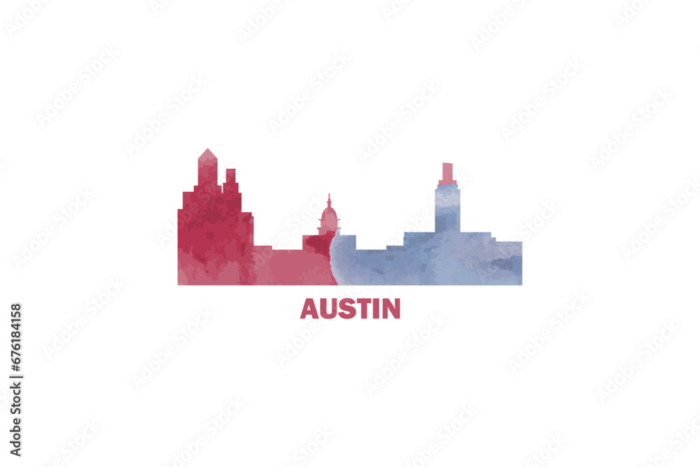 Austin city US watercolor cityscape skyline panorama vector flat modern logo icon. USA, Texas state of America emblem with landmarks and building silhouettes. Isolated red and blue graphic