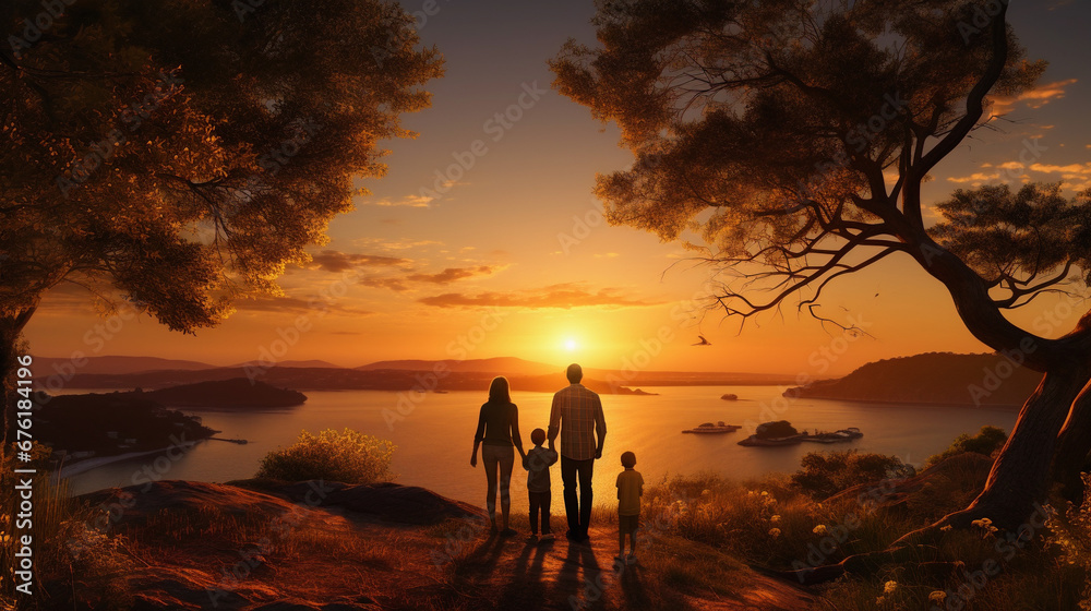 Happy family: mother father and child daughter on nature on sunset - Happy family in silhouette enjoying a meadow walk at sunset - Generative Ai	