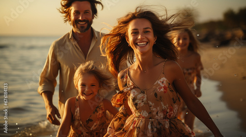 Happy Family in beach at sun set time  - Family pictures of parents and children, happy picture of a son daughter father mother, healthy lifestyle and family pics, sun set at the beach - Ai #676184133