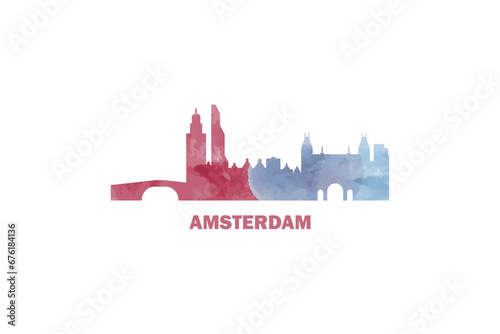 Photography Amsterdam watercolor cityscape skyline city panorama vector flat modern logo, icon