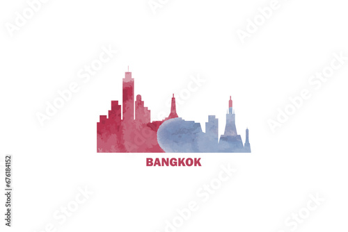 Bangkok watercolor cityscape skyline city panorama vector flat modern logo, icon. Thailand emblem concept with landmarks and building silhouettes. Isolated graphic