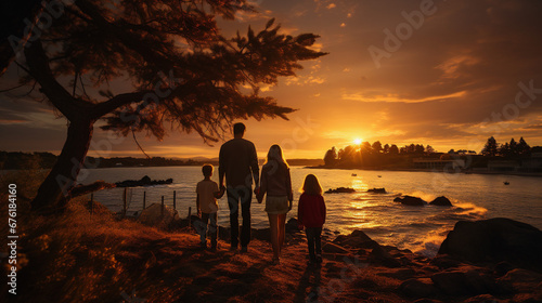 Happy family: mother father and child daughter on nature on sunset - Happy family in silhouette enjoying a meadow walk at sunset - Generative Ai 