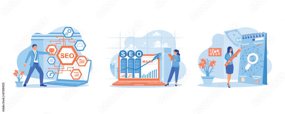 Online marketing via website. Optimizing the website. Internet business development. SEO concept. set trend modern vector flat illustration