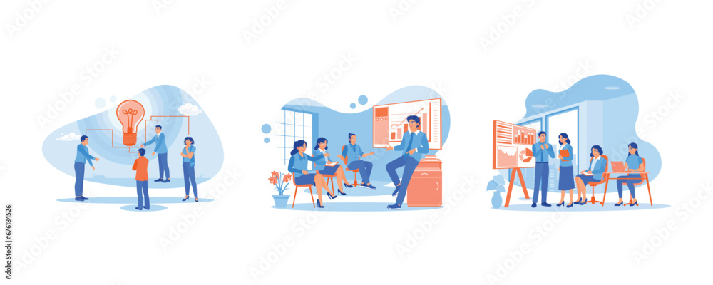 Exchange thoughts and ideas. Describes a new work project. Discuss office financial statistics. Briefings concept. set trend modern vector flat illustration Exchange thoughts and ideas. Describes a new work project. Discuss office financial statistics. Briefings concept. set trend modern vector flat illustration
