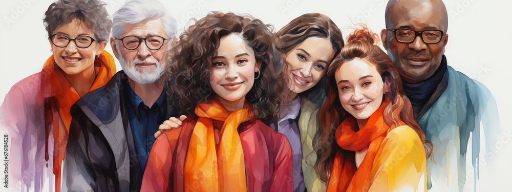 People of different ethnicities stand side by side together   - Multiethnic group of people - Society multicultural male and females watercolor art - Ai
