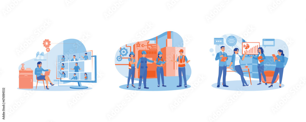 Hold online meetings. The chief engineer briefed. Discuss new work projects. Briefings concept. set trend modern vector flat illustration