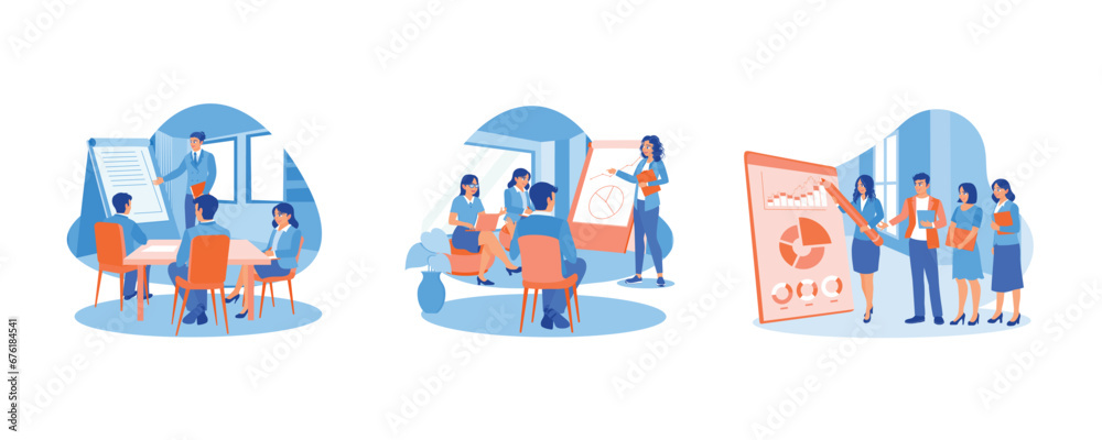 Focus on listening to the meeting leader's explanation. Business partners exchange ideas. Project presentation on a flip chart. Briefings concept. set trend modern vector flat illustration