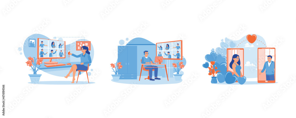 Virtual party. Video conference party online meeting. Long distance relationships. Virtual Relationships concept. Set Trend Modern vector flat illustration