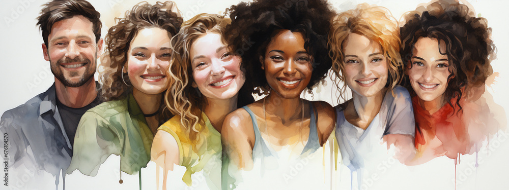 People of different ethnicities stand side by side together   - Multiethnic group of people - Society multicultural male and females watercolor art - Ai