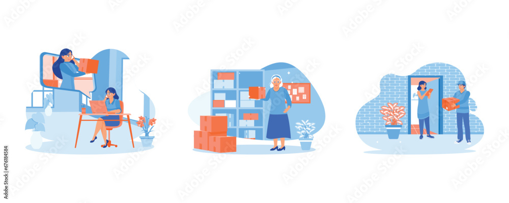 Confirm the order with the seller. Take product photos. A courier carrying a parcel box. Order Confirmation concept. Set Trend Modern vector flat illustration