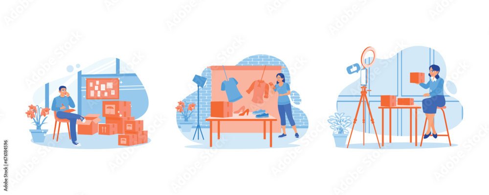 Online business owner. I was checking the goods sent. Confirm customer address. Woman receiving package. Order Confirmation concept. Set Trend Modern vector flat illustration