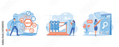 Online marketing via website. Optimizing the website. Internet business development. SEO concept. set trend modern vector flat illustration