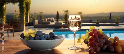 The restaurant set a picturesque scene by placing a bottle of red wine with a label depicting lush grapes on the kitchen table near the sparkling pool for their special event