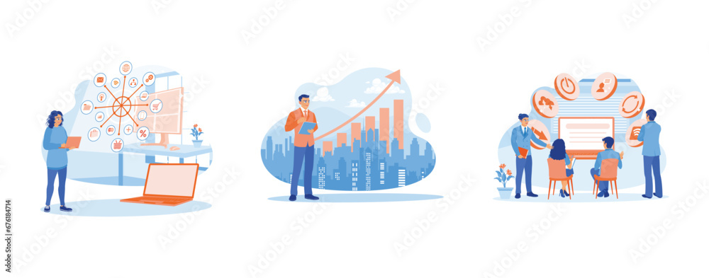 Digital business concept. Virtual icon diagram. Man using digital tablet. Teams discuss using digital devices. set trend modern vector flat illustration Digital business concept. Virtual icon diagram. Man using digital tablet. Teams discuss using digital devices. set trend modern vector flat illustration