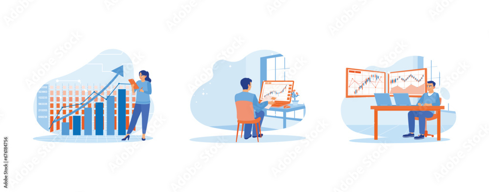 Stock Trading concept. It increased company business growth. Review cryptocurrency trading documents. It was viewing candlestick charts. set trend modern vector flat illustration