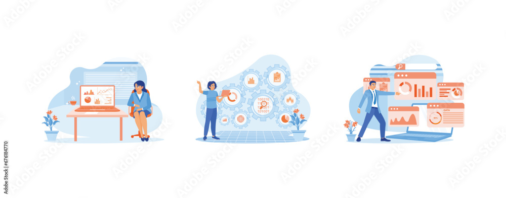 Business analysis concept. A female accountant is sitting next to the laptop, presenting marketing icons and analyzing business data. set trend modern vector flat illustration