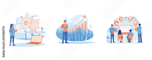 Digital business concept. Virtual icon diagram. Man using digital tablet. Teams discuss using digital devices. set trend modern vector flat illustration