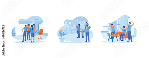 Celebration concept. Business team celebrating success. Happy celebrating New Year and watching football while cheering. set trend modern vector flat illustration