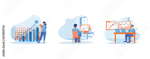 Stock Trading concept. It increased company business growth. Review cryptocurrency trading documents. It was viewing candlestick charts. set trend modern vector flat illustration