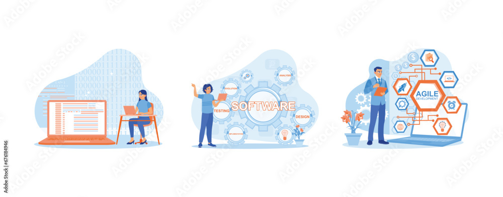 Software developer concept. They are developing programs on software. Computer experts develop software and automate business processes. set trend modern vector flat illustration