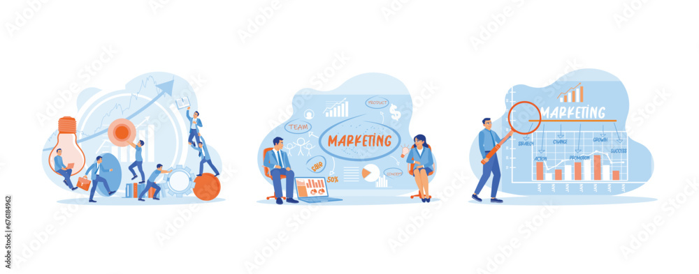 Marketing concept. Work on improving marketing ideas. Marketing concept display. Marketing concept with financial graphs and charts. set trend modern vector flat illustration Marketing concept. Work on improving marketing ideas. Marketing concept display. Marketing concept with financial graphs and charts. set trend modern vector flat illustration