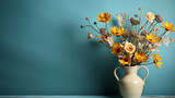 teal blue background Wooden table with yellow vase with bouquet of field flowers near empty, blank turquoise wall. Home interior background with copy space - A