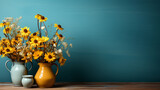 Wooden table with yellow vase with bouquet of field flowers near empty, blank turquoise wall. Home interior background with copy space - A